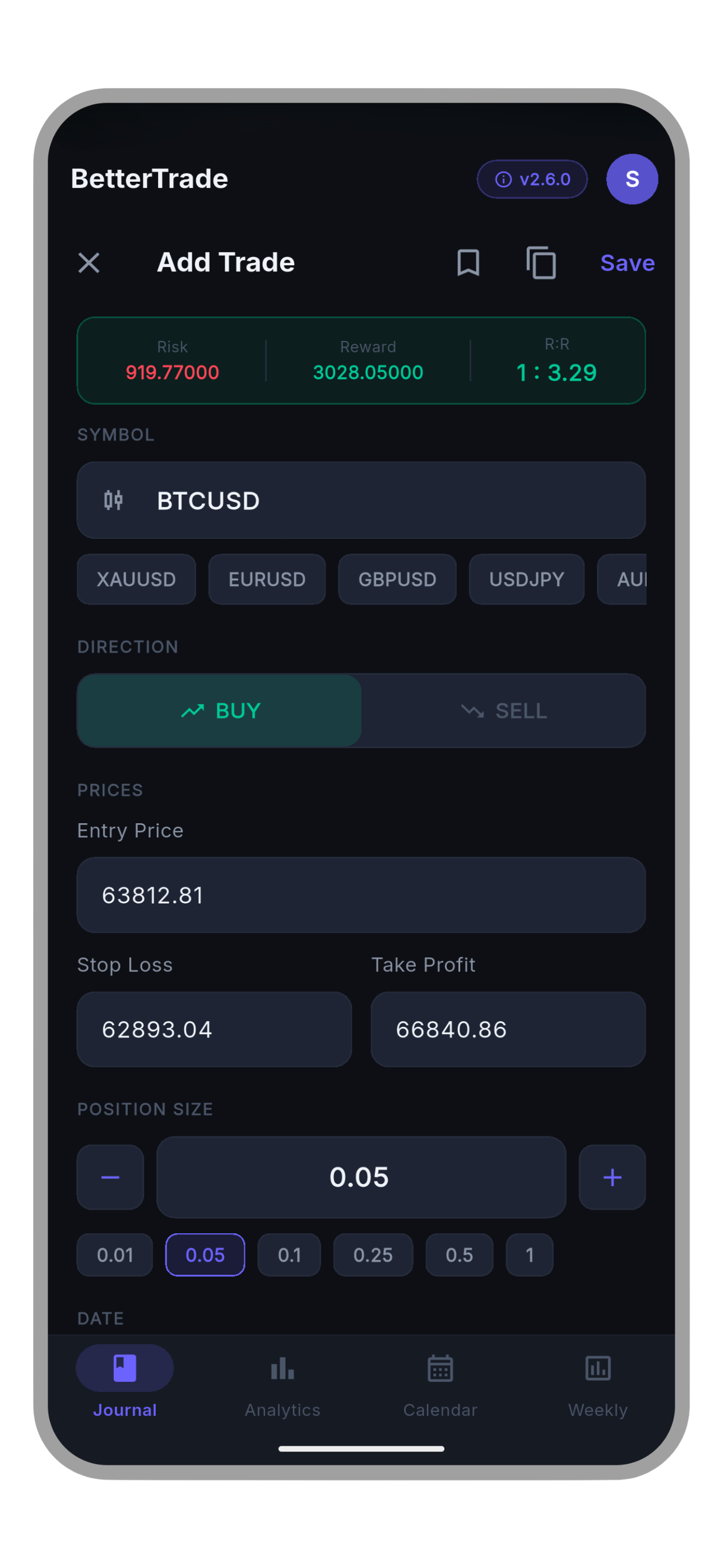 BetterTrade add trade screen with auto R:R calculation