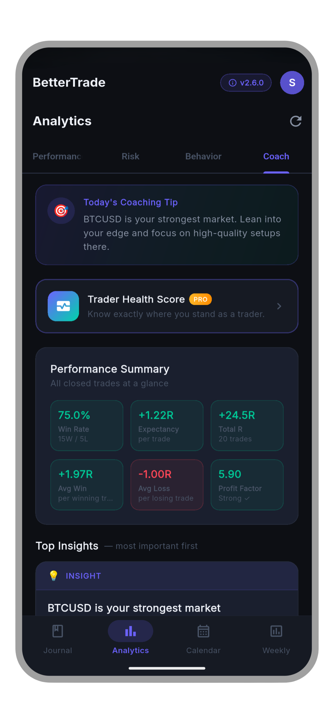BetterTrade coach tab with AI insights and coaching tips