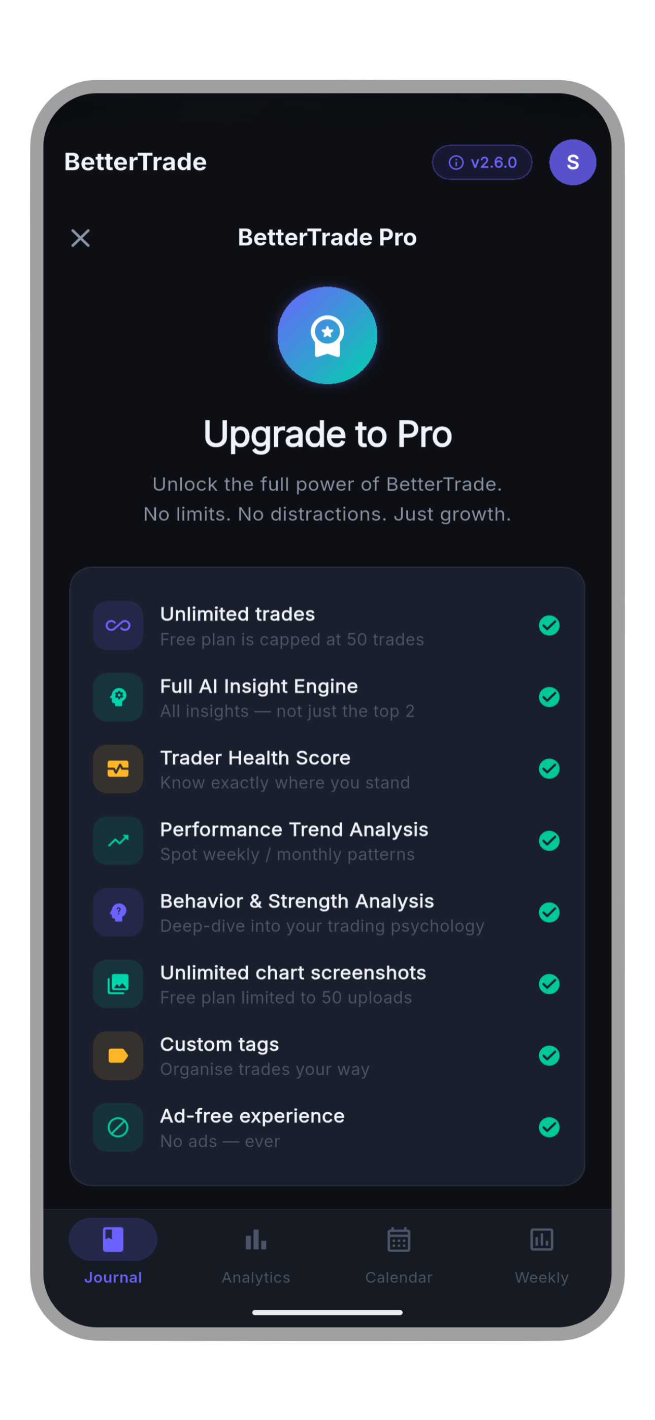 BetterTrade Pro upgrade screen with feature list